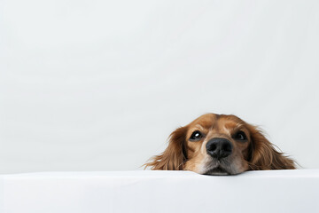pet portraits, basset hound relaxes on white backdrop, looking up adoringly at owner with soulful eyes