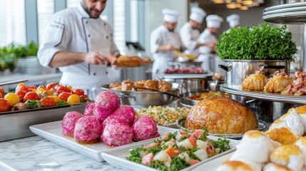 Obraz premium Professional chefs prepare a diverse luxury buffet featuring colorful salads, pastries, and gourmet appetizers in a bright restaurant kitchen.