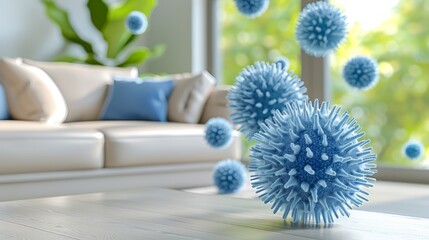 Close-up of airborne virus particles suspended in the air with a blurred, stylish living room behind.