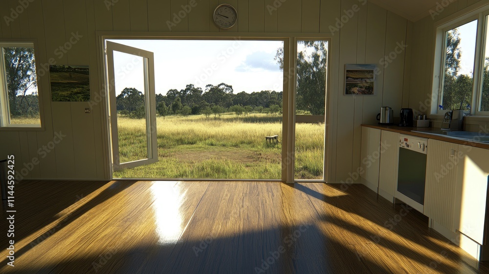 Poster serene wooden room with matching floors and walls, creating a continuous flow of warmth, lit softly 