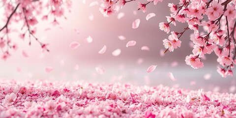 Pink sakura petals falling gently, creating a beautiful background of delicate blossoms, falling, spring, landscape