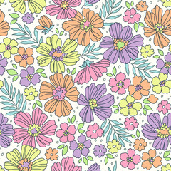 Floral pattern. Pretty bright neon flowers on white background. Printing with small colorful flowers. Ditsy print. Seamless vector texture. Spring bouquet with daisy flowers. Stock vector print.