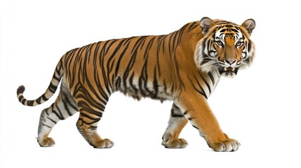 Fototapeta premium Side profile of a white tiger walking gracefully, highlighting its striped fur and strong features, isolated against a white background