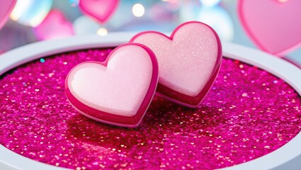 Fototapeta premium Two stylized hearts one slightly overlapping on a glitter circle with festive background