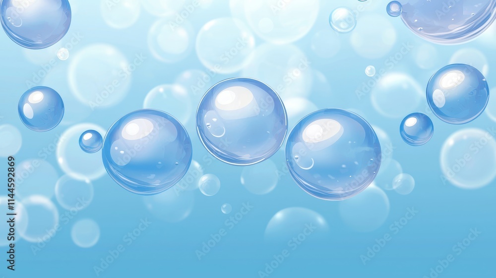 Poster soft blue background with floating transparent bubbles and circles