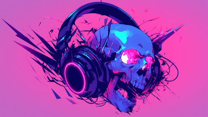 skull - Neon Skull with Headphones in Cyberpunk Style