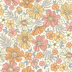 Vintage seamless floral pattern. Liberty style background of small flowers. Small blooming yellow daisy flowers scattered over a white background. Stock vector for printing on surfaces and web design.