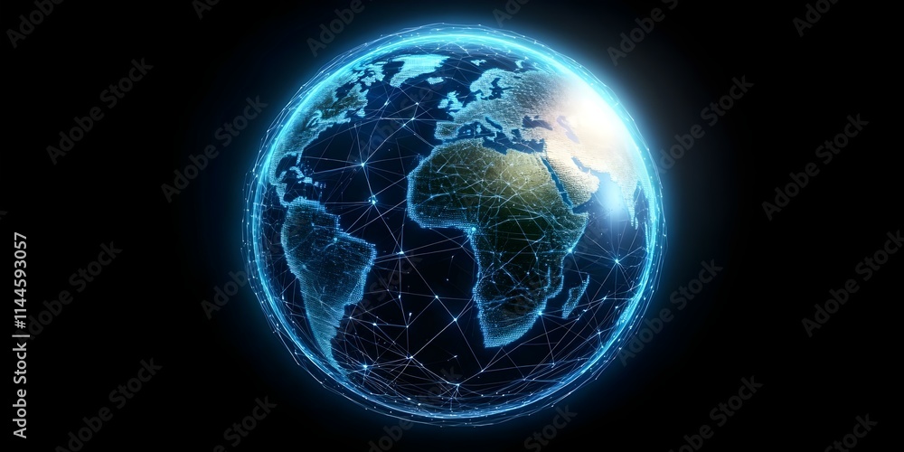 Poster a glowing, interconnected digital globe highlighting continents with a network of lines and nodes, s