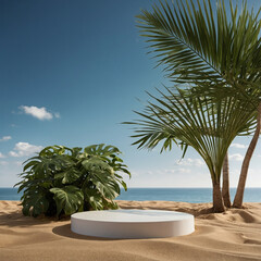 Fototapeta premium A close-up, isolated photorealistic image of a white, round-shaped podium elegantly displayed on soft, textured sand.