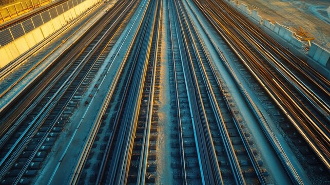 Aerial view of railway tracks stretching into the distance, showcasing parallel lines and a blend of colors from the surrounding environment.