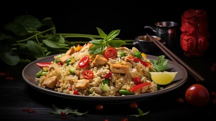 Thai fried rice with egg, prawns, and vegetables, ambient light, space on the left,generative ai illustration