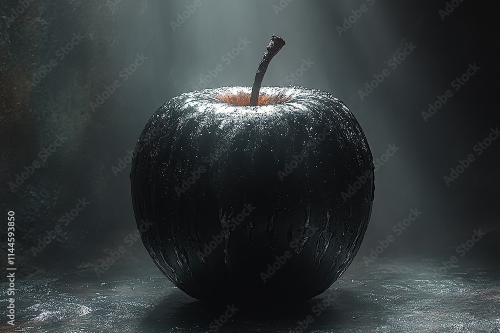 Poster a dark, glossy apple illuminated by soft light, creating a dramatic and mysterious atmosphere.