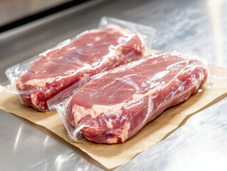 Fresh vacuum sealed raw beef cuts on stainless steel surface