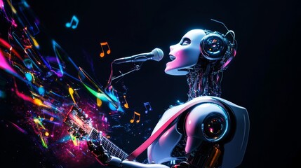 A sleek humanoid robot passionately sings into a microphone while playing guitar, surrounded by vibrant, colorful music notes on a dark background, creating an electric atmosphere.. AI Generation