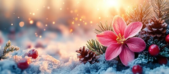 A serene winter scene featuring a pink flower amidst snow, pinecones, and festive elements.