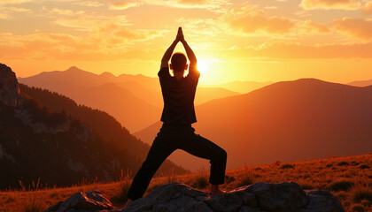 Silhouette practicing yoga pose at sunset in mountains