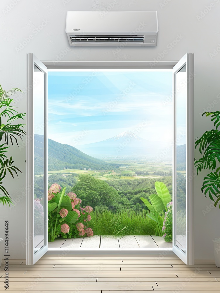 Aufkleber Cool air flows from a wall mounted air conditioner next to an open window with a scenic mountain view. Generative AI