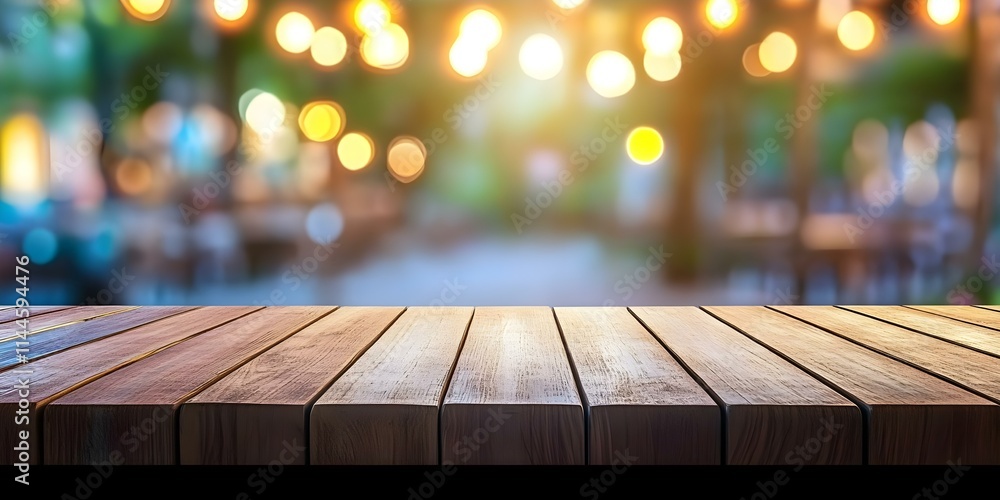 Poster a wooden table in the foreground with a softly blurred background of lights and trees, creating a wa