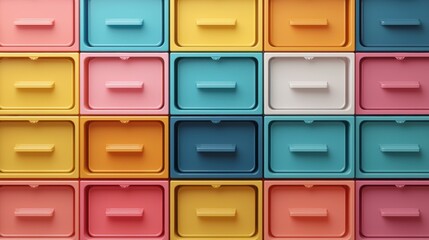 Colorful Stack of Plastic Drawers in Vibrant Shades Arranged Neatly on a Wall for Storage Solutions and Organizing Ideas in Modern Home Decor