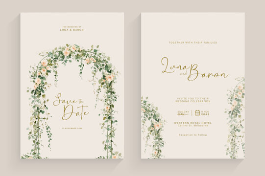 Aesthetic Invitation Template with Watercolor Greenery Leaves and wedding arch