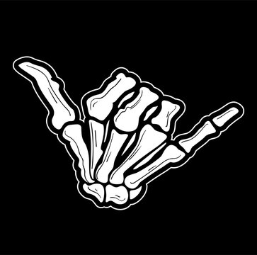 Skeleton hand showing shaka gesture on black background. vector illustration
