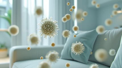 Floating airborne virus particles in a house, blurred background featuring soft home dÃ©cor.