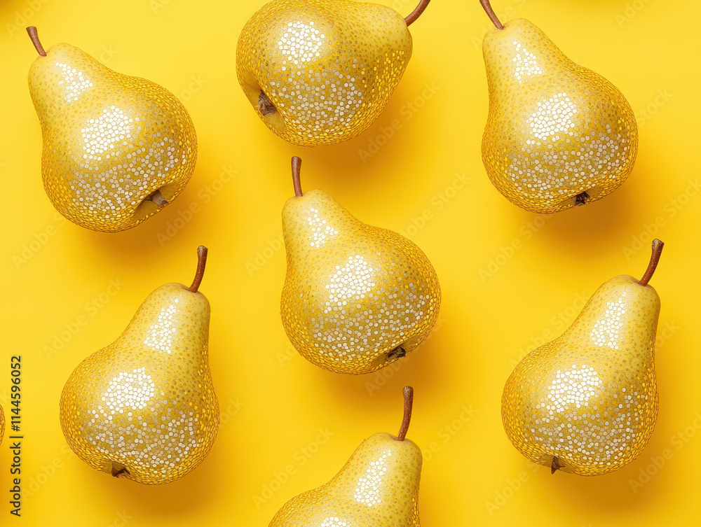 Poster sparkling golden pears arranged on vibrant yellow background create whimsical and playful atmosphere