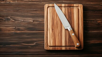 Stylish and Modern Kitchen Knife with a Wooden Cutting Board on Rustic Wooden Table in Natural Light