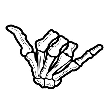 Skeleton hand shows shaka gesture on transparent background