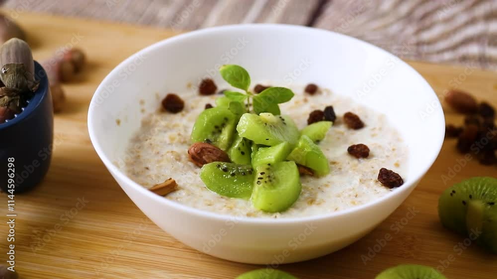 Wall mural cooked oatmeal with kiwi, honey and nuts in a bowl on a wooden table