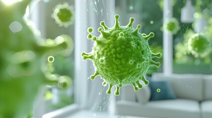 Floating virus particles inside a house with a blurred, peaceful interior background.