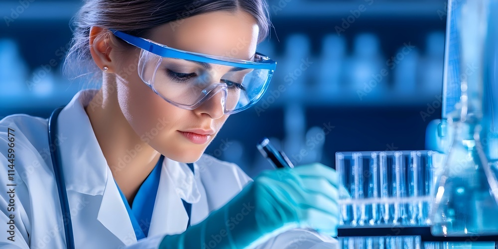 Poster a scientist wearing safety goggles and gloves is carefully recording data while working with test tu