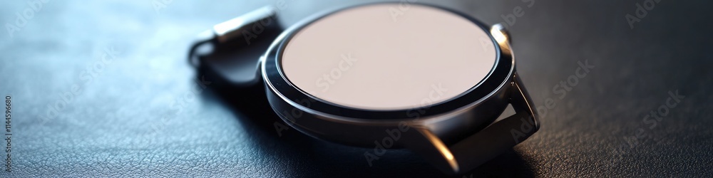 Poster close-up of blank smartwatch face placed on smooth surface under soft lighting