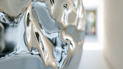 A close-up of a distorted mirror reflecting a hallway, with the edges warped and uneven