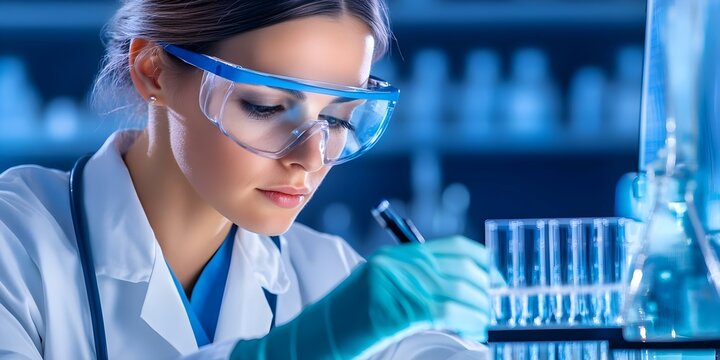 A scientist wearing safety goggles and gloves is carefully recording data while working with test tubes in a laboratory. Concept Laboratory Safety Protocols, Scientific Research Methods