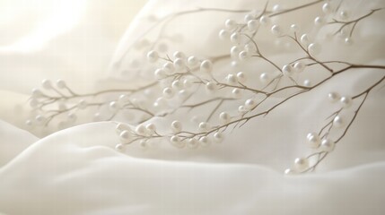 High-key image of pearl-covered branches delicately resting on light fabric, with a soft, shallow depth of field creating an ethereal and elegant atmosphere.