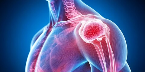 An anatomical illustration of a human shoulder joint, showcasing muscles, bones, and connective tissues in detail. Concept Human Shoulder Anatomy, Muscles of the Shoulder, Bone Structure