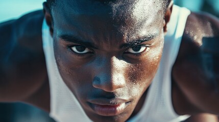 A close-up of a focused athlete with a determined expression, preparing to run at the starting line