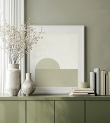 Wall art and decor mockup with white frame on sage green cabinet in living room.