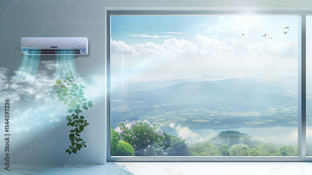 Aufkleber Efficient air conditioning unit operates with open window view of serene landscape and greenery during daytime. Generative AI
