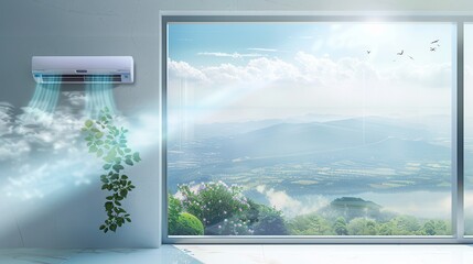 Efficient air conditioning unit operates with open window view of serene landscape and greenery during daytime. Generative AI