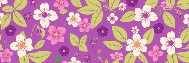 Obraz premium Seamless purple floral wallpaper with delicate blossoms and vines, nature, decorative