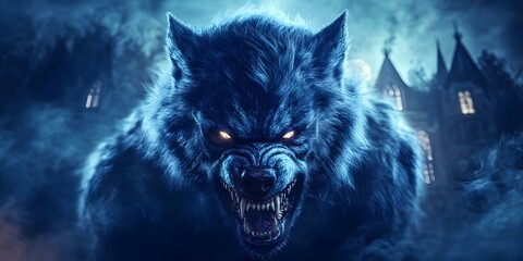 A fierce werewolf with glowing eyes, set against a dark, misty backdrop featuring an eerie mansion. Concept Fierce Werewolf, Glowing Eyes, Dark Misty Backdrop, Eerie Mansion, Gothic Atmosphere