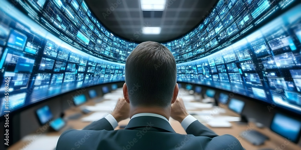 Poster a person in a suit facing a futuristic control room filled with multiple digital screens displaying 