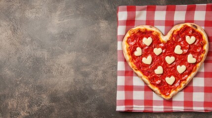 Obraz premium Romantic Heart-Shaped Pizza with Cheese Hearts on a Checkered Cloth