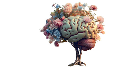 Human brain tree with flowers, self care and mental health concept, positive thinking, creative mind, generative AI