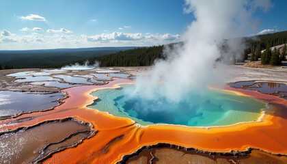 Stunning national park scenery with vibrant geothermal hot spring and steam in a colorful landscape