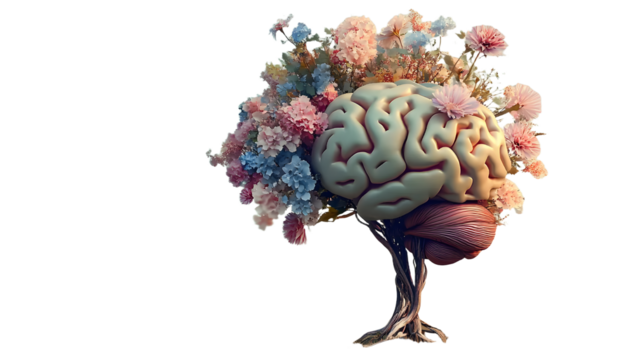 Human brain tree with flowers, self care and mental health concept, positive thinking, creative mind, generative AI