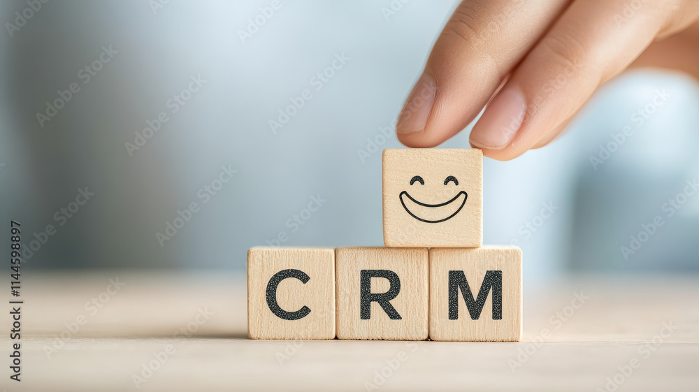 Poster wooden blocks spelling crm with hand adding smiling block, symbolizing positive customer relationshi