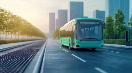 futuristic green electric bus driving on clean urban road with modern buildings